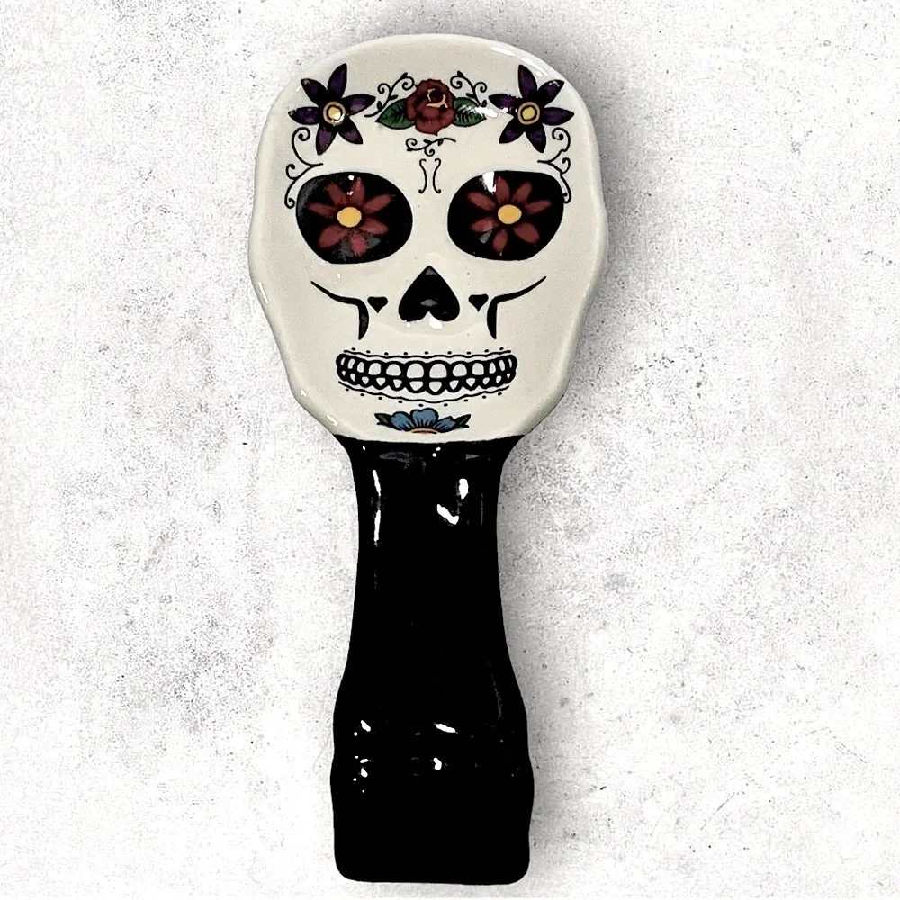 Sugar Skull Spoon Rest Ceramic Hand Painted Unique Day of the Dead White Black